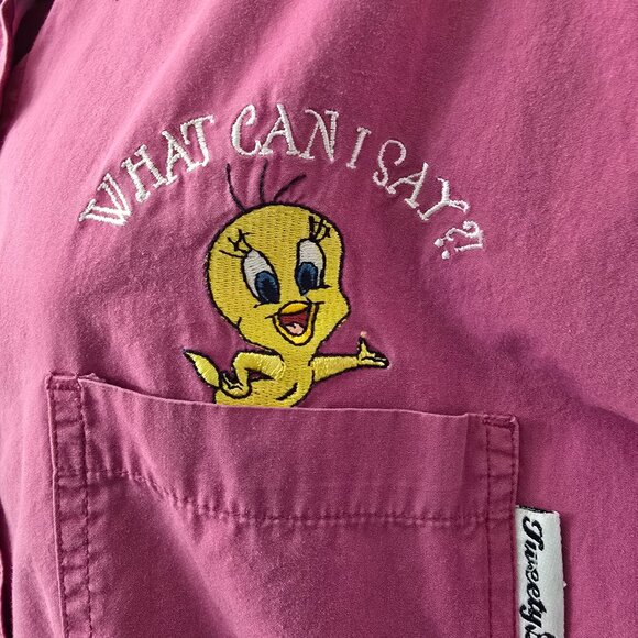 Vintage Tweety Bird Embroidered Shirt 22W 24W Plus Button Front Pocket Pink Y2K - Picture 4 of 6